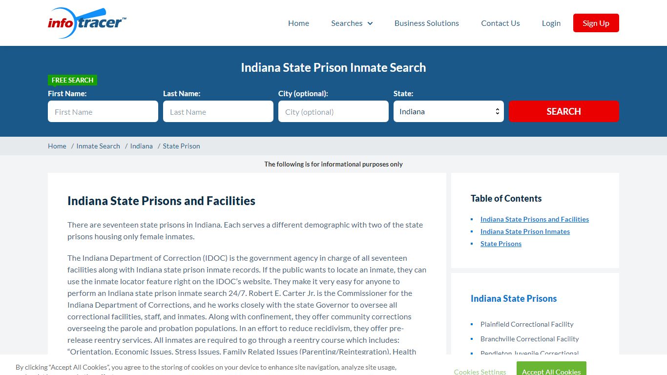 Indiana State Prisons Inmate Records Search - InfoTracer